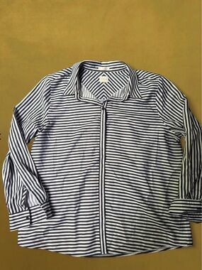 Chico's Navy and White Striped Button-Down Shirt